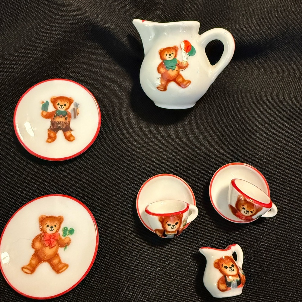 VTG Dollhouse Reutter Teddy Hermann Teddy‎ Bear Mini Porcelain Tea Set 8 Pc